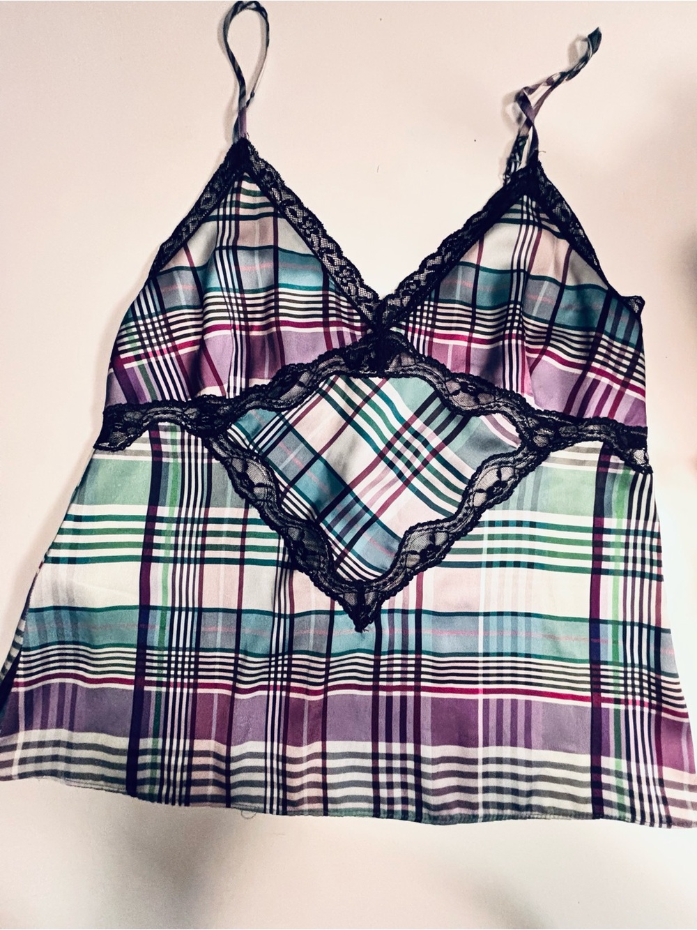 Zara Purple, Teal & Black Plaid Lace-Trim Satin Cami